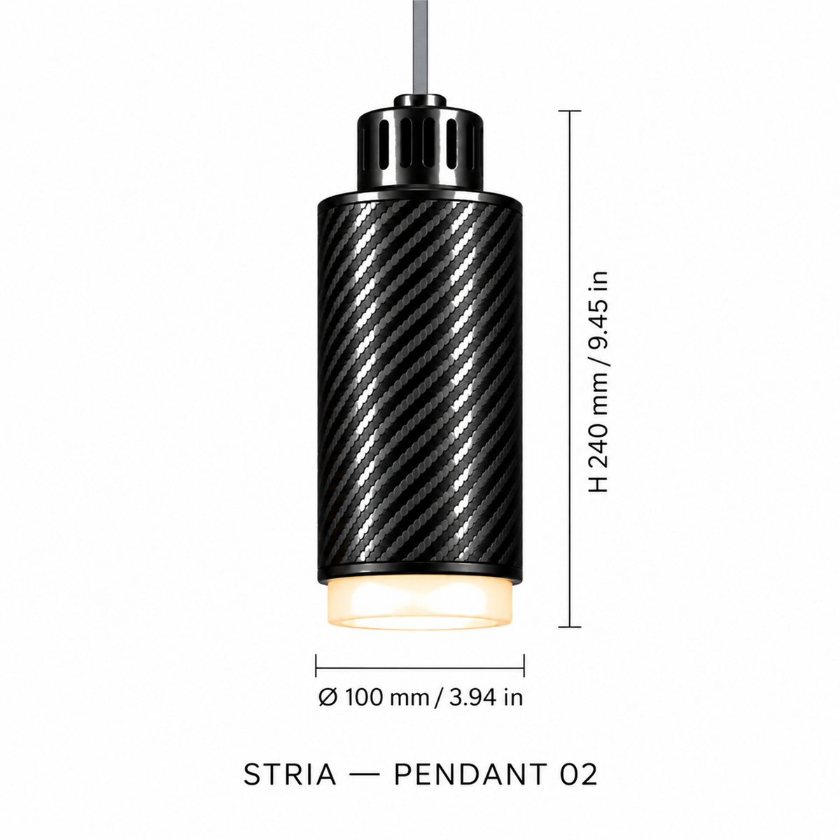 STRIA Pendant 02 — cotation du luminaire — diamètre 100 mm, hauteur 240 mm