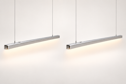 PLI Duo — deux suspensions en aluminium brossé. Visualisation studio illustrative, sans échelle de longueur.